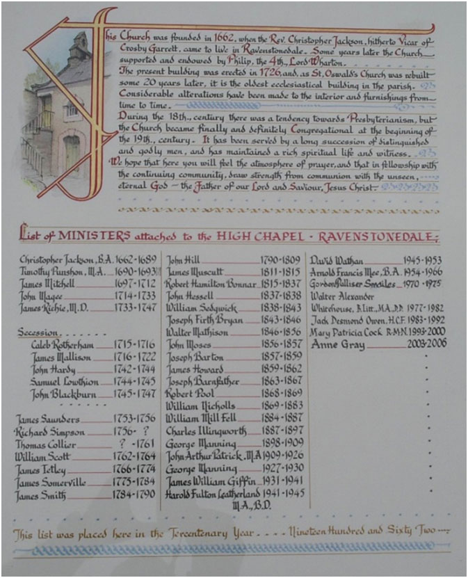 List of Preachers at High Chapel Ravenstonedale